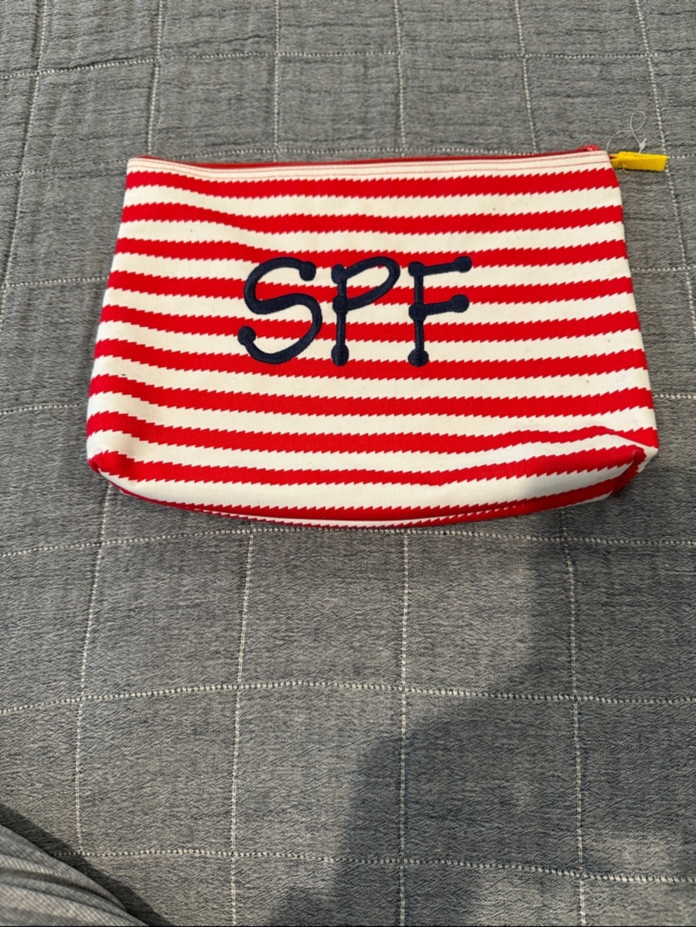 Striped Red & White Cosmetic Pouch with SPF Embroidery